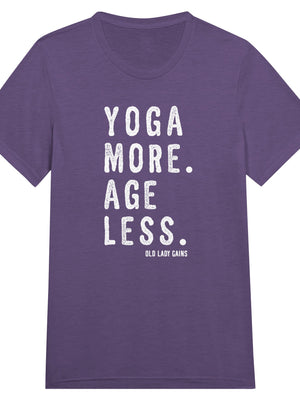 Empowering fitness purple t-shirt for women over 40 featuring the slogan “Yoga More. Age Less.”