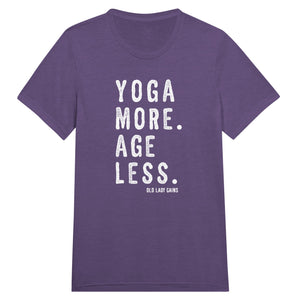 Empowering fitness purple t-shirt for women over 40 featuring the slogan “Yoga More. Age Less.”