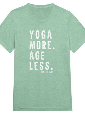 Empowering fitness mint t-shirt for women over 40 featuring the slogan “Yoga More. Age Less.”