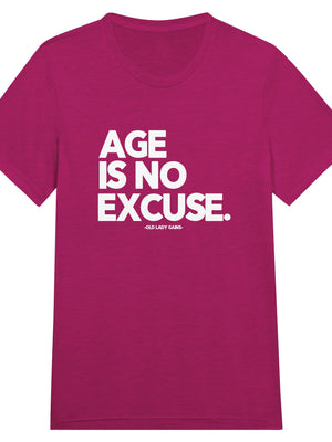 Front view of Age Is No Excuse triblend unisex t-shirt by Old Lady Gains, soft athletic fit in berry tri-blend.