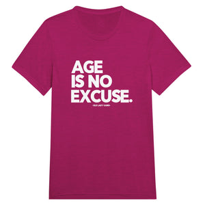 Front view of Age Is No Excuse triblend unisex t-shirt by Old Lady Gains, soft athletic fit in berry tri-blend.