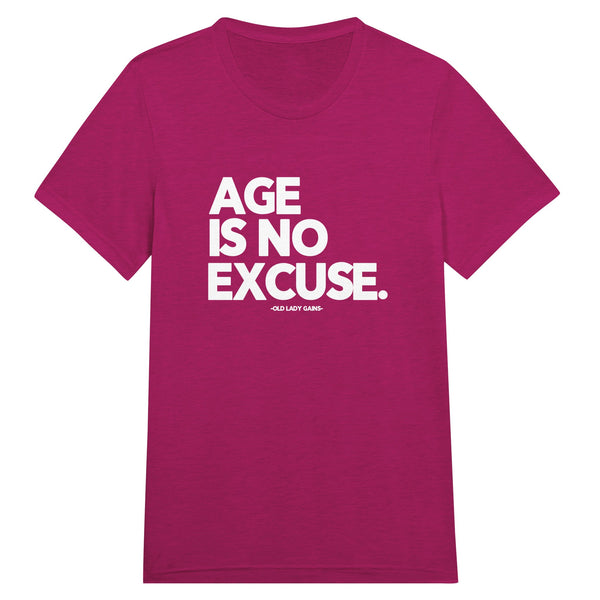 Front view of Age Is No Excuse triblend unisex t-shirt by Old Lady Gains, soft athletic fit in berry tri-blend.