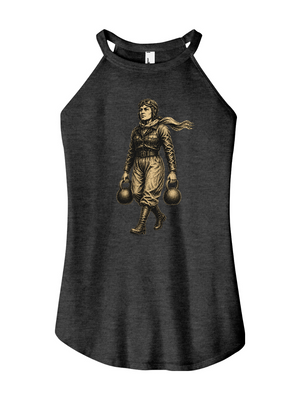A charcoal grey "Black Frost" high-neck halter tank top showcasing a vintage, cream-colored etched illustration of aviator Amelia Earhart performing a heavy farmer's carry with kettlebells.