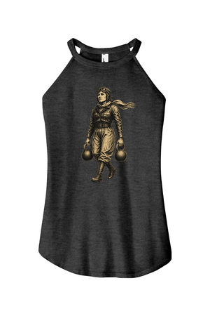 A charcoal grey "Black Frost" high-neck halter tank top showcasing a vintage, cream-colored etched illustration of aviator Amelia Earhart performing a heavy farmer's carry with kettlebells.