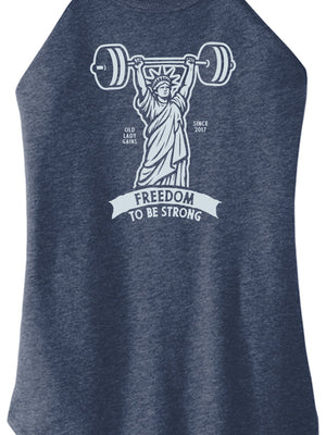 Navy tank top with Statue of Liberty lifting weights graphic and 'Freedom to be Strong' text.