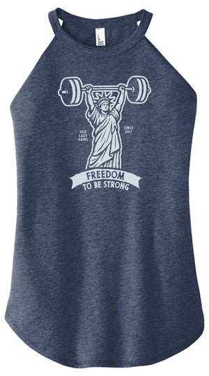 Navy tank top with Statue of Liberty lifting weights graphic and 'Freedom to be Strong' text.