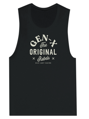 Black tank top with beige text that reads Gen-X The Original Rebels from Old Lady Gains