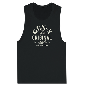 Black tank top with beige text that reads Gen-X The Original Rebels from Old Lady Gains