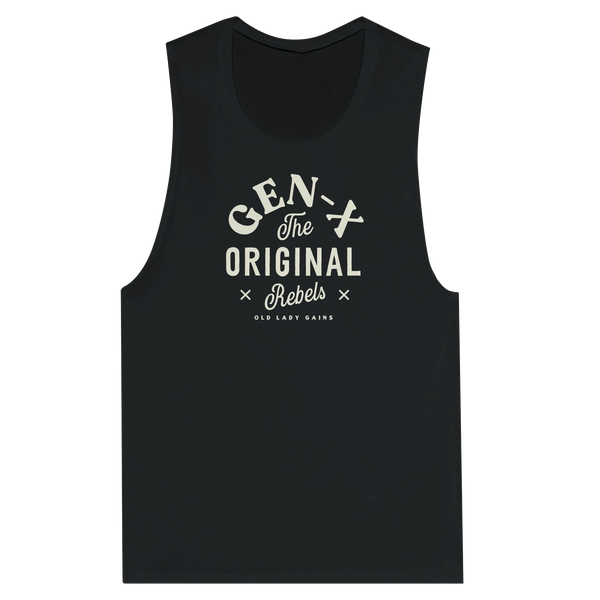 Black tank top with beige text that reads Gen-X The Original Rebels from Old Lady Gains