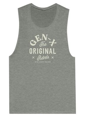 Grey tank top with beige text that reads Gen-X The Original Rebels from Old Lady Gains
