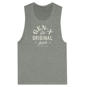 Grey tank top with beige text that reads Gen-X The Original Rebels from Old Lady Gains