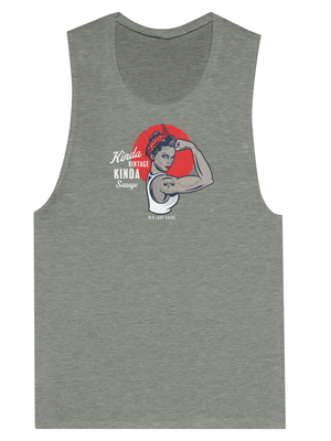 Gray tank top with an Old Lady Gains Rosie graphic design