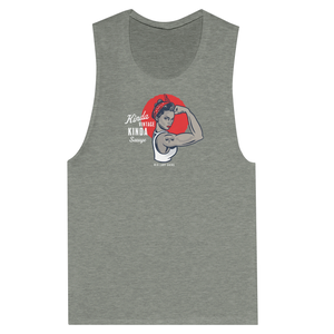 Gray tank top with an Old Lady Gains Rosie graphic design