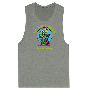 Vintage-style illustration of the Grinch riding an assault bike in holiday colors with the text ‘Hate Hate Hate Loathe Entirely’ on a women’s white muscle tank by Old Lady Gains, funny Christmas gym design for women who hate cardio.