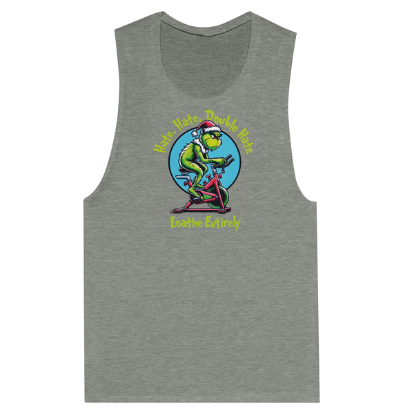 Vintage-style illustration of the Grinch riding an assault bike in holiday colors with the text ‘Hate Hate Hate Loathe Entirely’ on a women’s white muscle tank by Old Lady Gains, funny Christmas gym design for women who hate cardio.