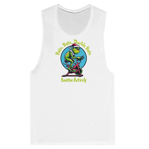 Vintage-style illustration of the Grinch riding an assault bike in holiday colors with the text ‘Hate Hate Hate Loathe Entirely’ on a women’s white muscle tank by Old Lady Gains, funny Christmas gym design for women who hate cardio.