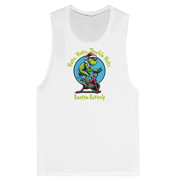 Vintage-style illustration of the Grinch riding an assault bike in holiday colors with the text ‘Hate Hate Hate Loathe Entirely’ on a women’s white muscle tank by Old Lady Gains, funny Christmas gym design for women who hate cardio.