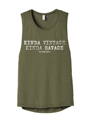 Green tank top with text 'KINDA VINTAGE KINDA SAVAGE' on a white background