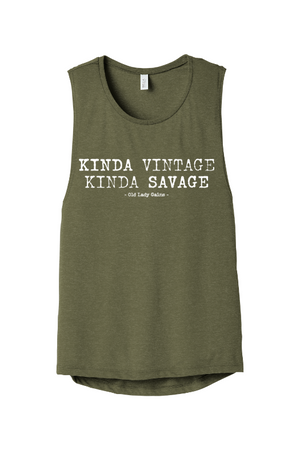 Green tank top with text 'KINDA VINTAGE KINDA SAVAGE' on a white background