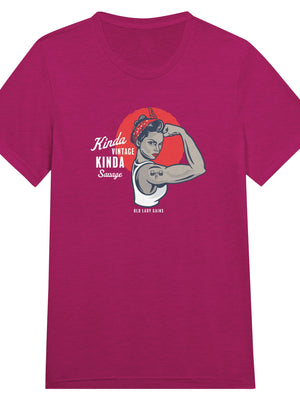 Front view of Kinda Vintage Kinda Savage Rosie the Riveter triblend t-shirt by Old Lady Gains in berry.