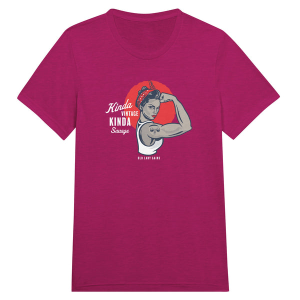 Front view of Kinda Vintage Kinda Savage Rosie the Riveter triblend t-shirt by Old Lady Gains in berry.