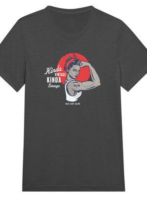 Front view of Kinda Vintage Kinda Savage Rosie the Riveter triblend t-shirt by Old Lady Gains in black.