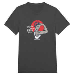 Front view of Kinda Vintage Kinda Savage Rosie the Riveter triblend t-shirt by Old Lady Gains in black.