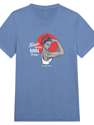 Front view of Kinda Vintage Kinda Savage Rosie the Riveter triblend t-shirt by Old Lady Gains in blue.