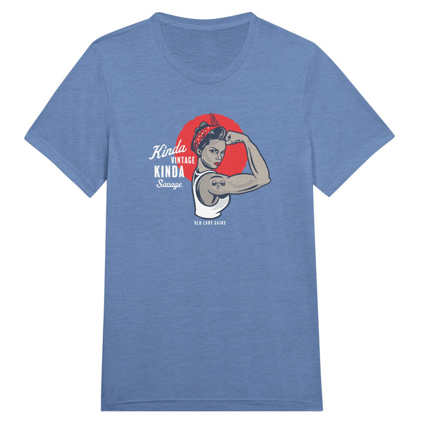 Front view of Kinda Vintage Kinda Savage Rosie the Riveter triblend t-shirt by Old Lady Gains in blue.