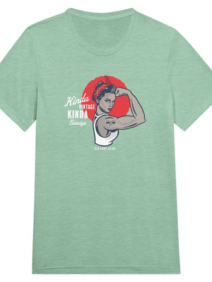 Front view of Kinda Vintage Kinda Savage Rosie the Riveter triblend t-shirt by Old Lady Gains in mint.