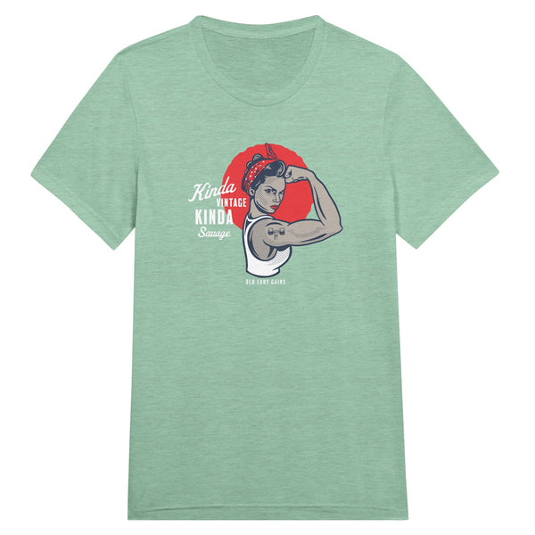 Front view of Kinda Vintage Kinda Savage Rosie the Riveter triblend t-shirt by Old Lady Gains in mint.