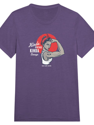 Front view of Kinda Vintage Kinda Savage Rosie the Riveter triblend t-shirt by Old Lady Gains in purple.