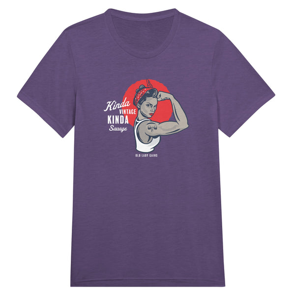 Front view of Kinda Vintage Kinda Savage Rosie the Riveter triblend t-shirt by Old Lady Gains in purple.