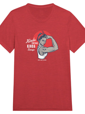 Front view of Kinda Vintage Kinda Savage Rosie the Riveter triblend t-shirt by Old Lady Gains in red.