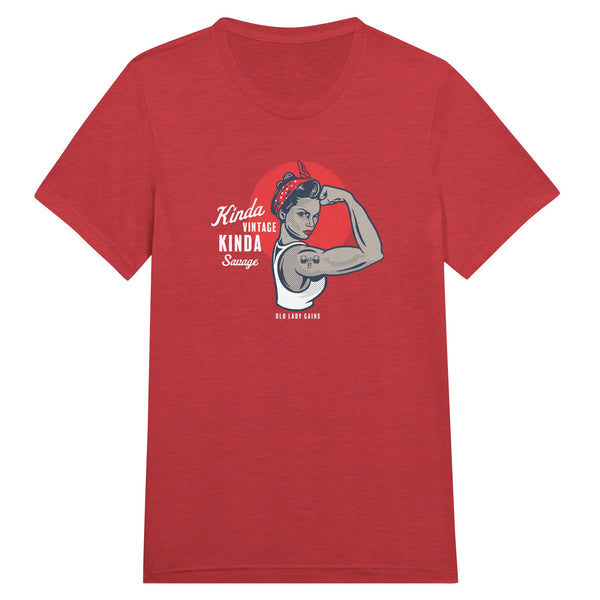 Front view of Kinda Vintage Kinda Savage Rosie the Riveter triblend t-shirt by Old Lady Gains in red.