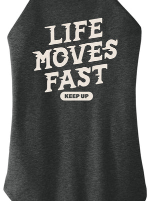 Front view of Life Moves Fast Keep Up triblend t-shirt by Old Lady Gains, heather black athletic fit.