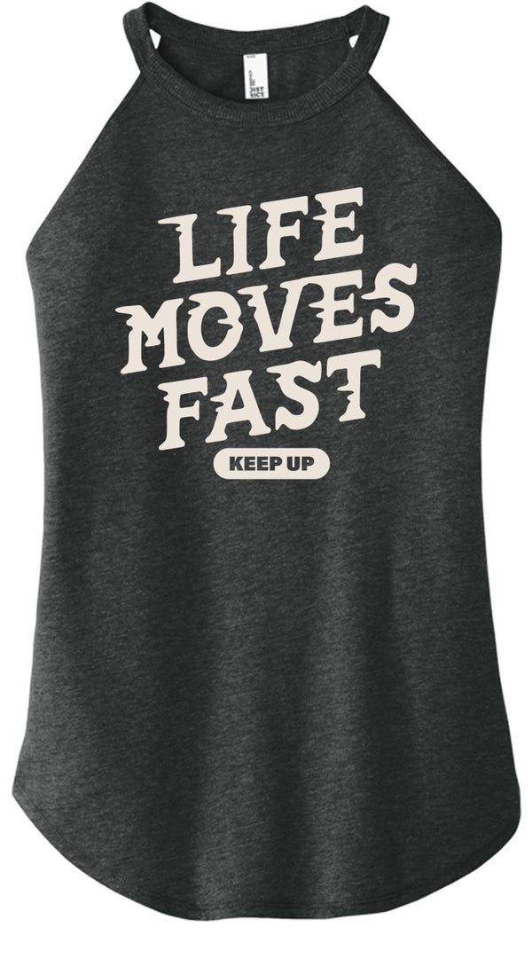 Front view of Life Moves Fast Keep Up triblend t-shirt by Old Lady Gains, heather black athletic fit.