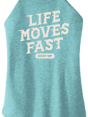 Front view of Life Moves Fast Keep Up triblend t-shirt by Old Lady Gains, heather eucalyptus athletic fit.