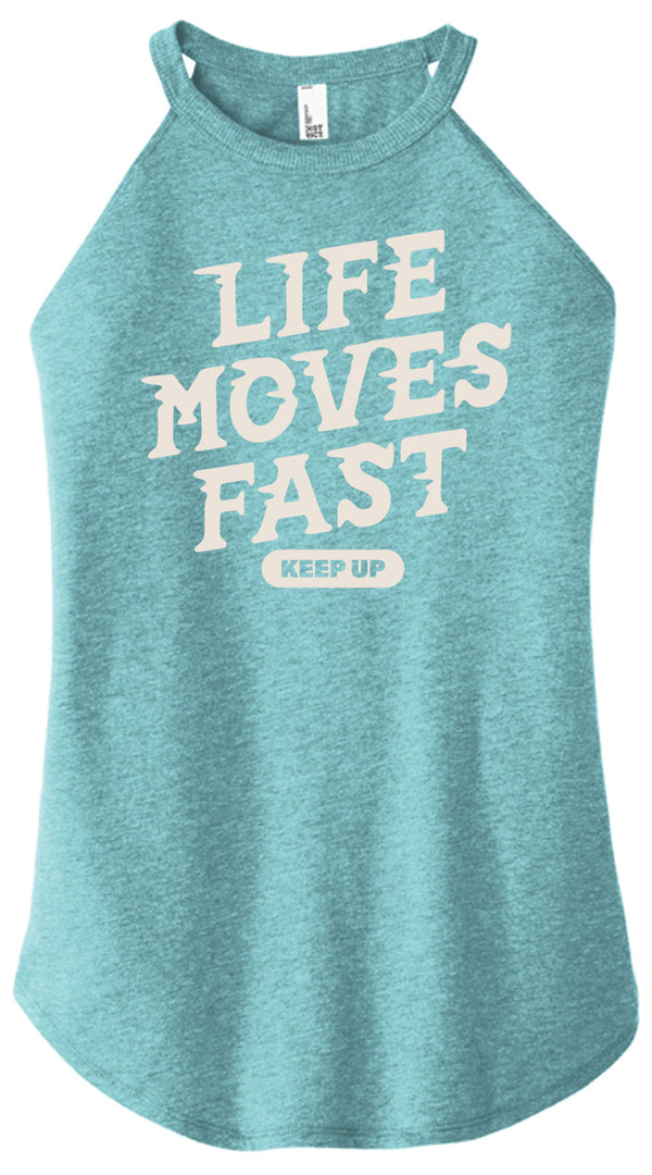Front view of Life Moves Fast Keep Up triblend t-shirt by Old Lady Gains, heather eucalyptus athletic fit.