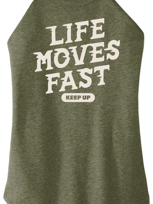 Front view of Life Moves Fast Keep Up triblend t-shirt by Old Lady Gains, heather green athletic fit.