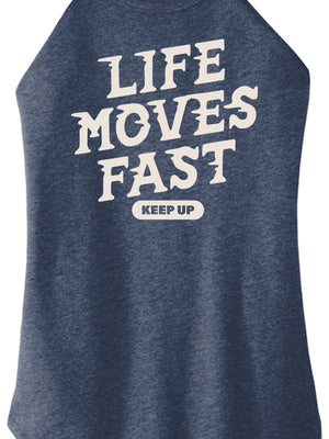 Front view of Life Moves Fast Keep Up triblend t-shirt by Old Lady Gains, heather navy athletic fit.