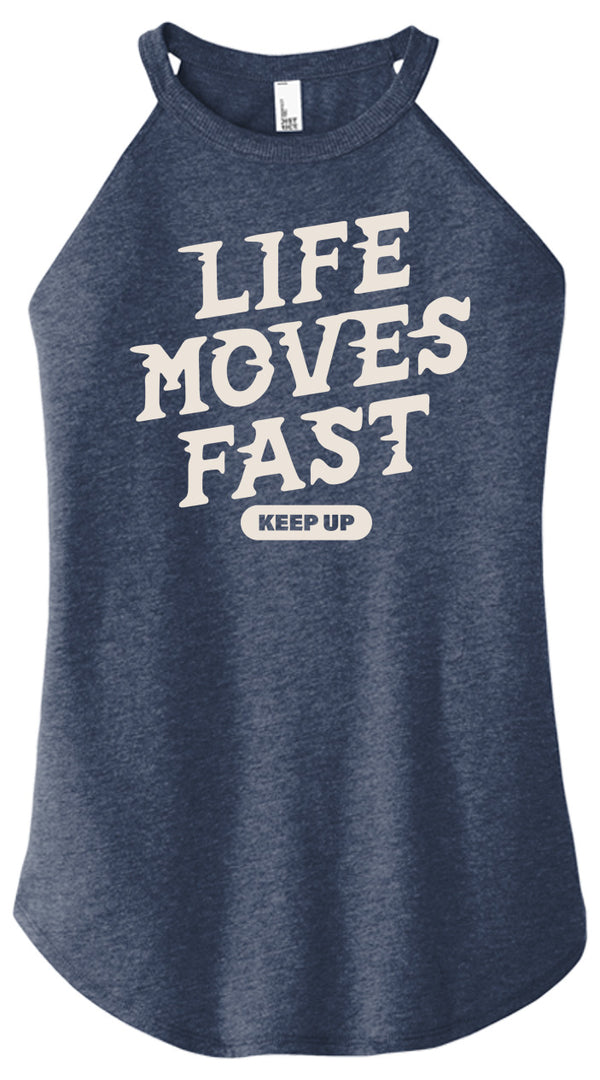 Front view of Life Moves Fast Keep Up triblend t-shirt by Old Lady Gains, heather navy athletic fit.