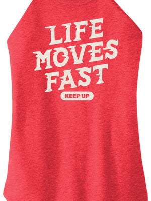 Front view of Life Moves Fast Keep Up triblend t-shirt by Old Lady Gains, heather red athletic fit.