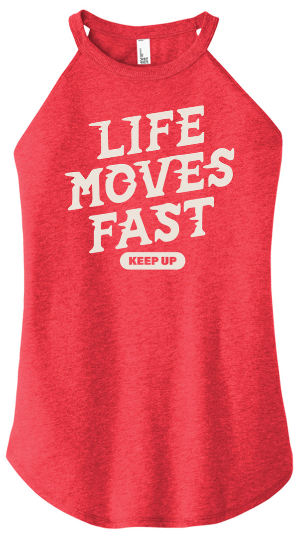 Front view of Life Moves Fast Keep Up triblend t-shirt by Old Lady Gains, heather red athletic fit.