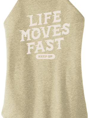 Front view of Life Moves Fast Keep Up triblend t-shirt by Old Lady Gains, heather tan athletic fit.