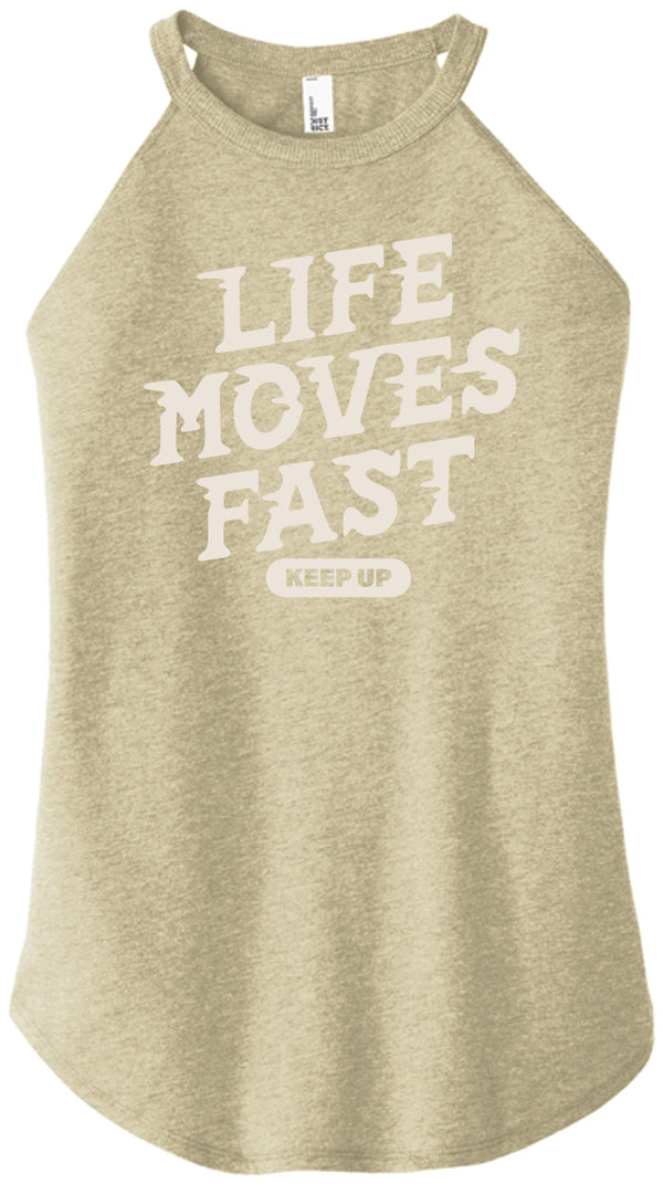 Front view of Life Moves Fast Keep Up triblend t-shirt by Old Lady Gains, heather tan athletic fit.