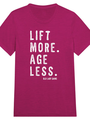 Front view of Lift More Age Less triblend unisex t-shirt by Old Lady Gains, soft athletic fit in berry.