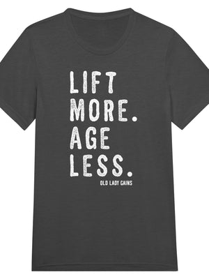 Front view of Lift More Age Less triblend unisex t-shirt by Old Lady Gains, soft athletic fit in charcoal black.