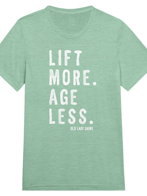 Front view of Lift More Age Less triblend unisex t-shirt by Old Lady Gains, soft athletic fit in mint.