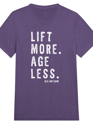 Front view of Lift More Age Less triblend unisex t-shirt by Old Lady Gains, soft athletic fit in purple.